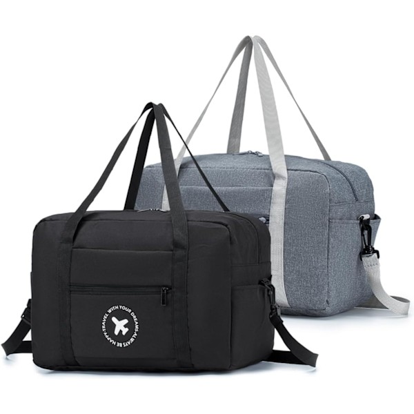 2 stk Kabinbag 40x20x25 Reise Duffel Bag Foldbar Undersete Vanntett Weekend Bag Lett Håndbagasje Bag med Skulderstropp, Svart＋Grå