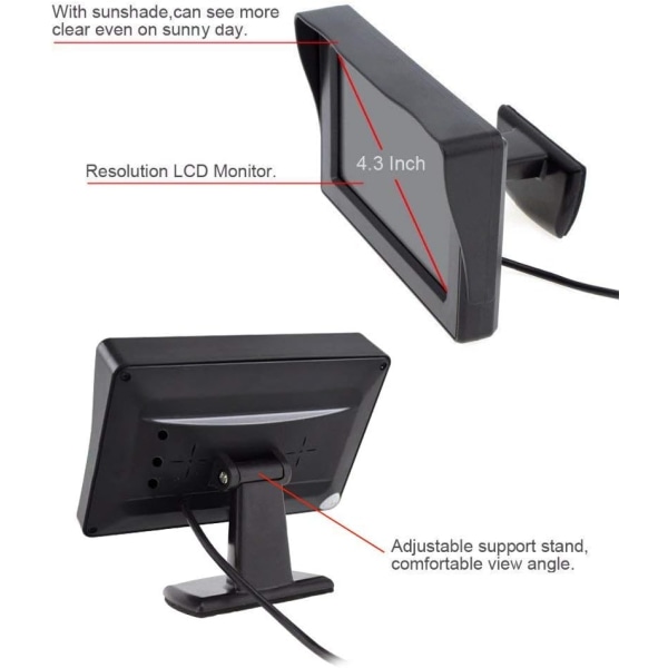 Ryggekamera LCD-skjerm, 4,3 tommers ryggekamera med vanntett skjerm, for SUV lastebil, for bil