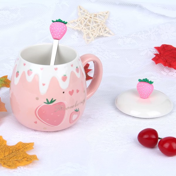 Rosa mugg, söt jordgubbskopp med cover , keramisk kaffemugg, Kawaii-kopp för temjölk, Kvinnliga flickor Student i koreansk stil jul födelsedagspresent