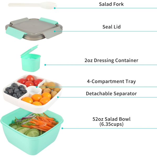 Frokostbeholder, 3-rum til salatpålæg og snacks, salatskål med dressingbeholder, indbygget genanvendelig ske, mikroovnsikker-(grøn) Green