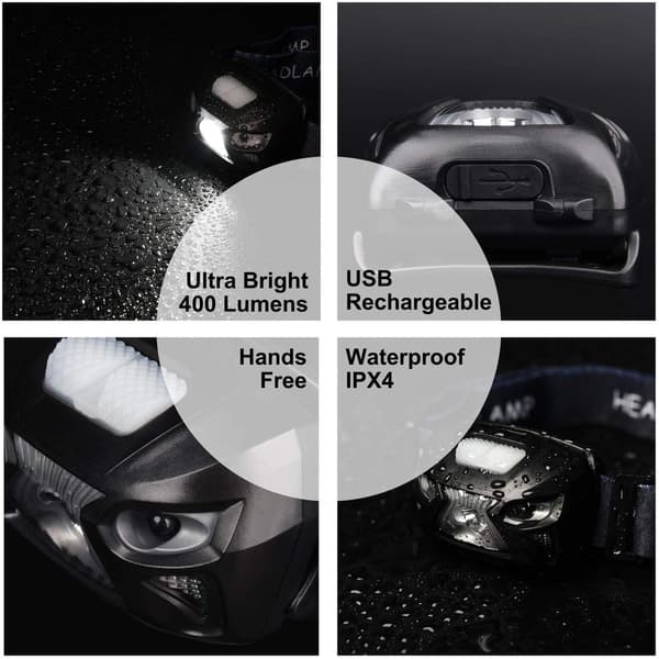 USB-oppladbar LED-hodelykt kraftig hodelykt med 400LM, 8 lysmoduser, IPX4 vanntett, bevegelsessensor