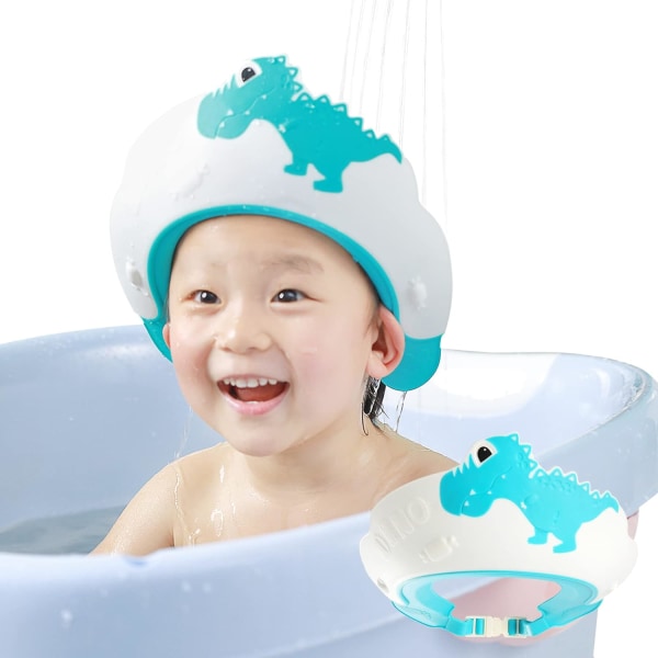 Baby shower cap skjold, baby hår vaske skjold, justerbar børn shampoo kasket og visir, småbørns øjne og ører vandtæt hat dinosaur (blå) Blue