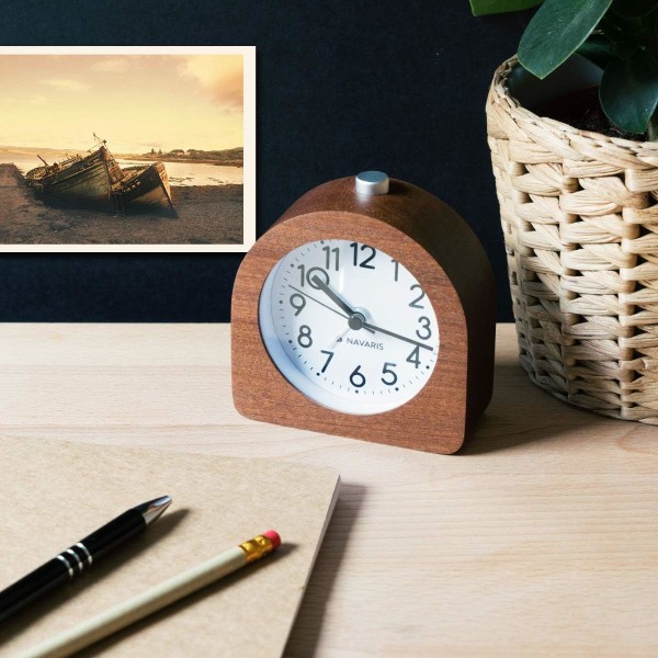 Træ Analog Alarmur - Klassisk Nåleur med Funktioner Tid Alarm Snooze Lys - Mørkt Træ
