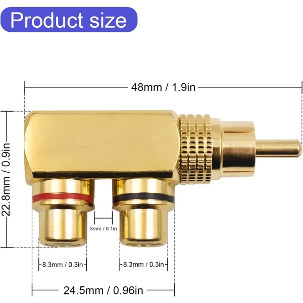 RCA Y Splitter Adapter, 90 Degree RCA Male to 2 RCA Female Connector for Audio Video, Gold Jack (Pack of 2)