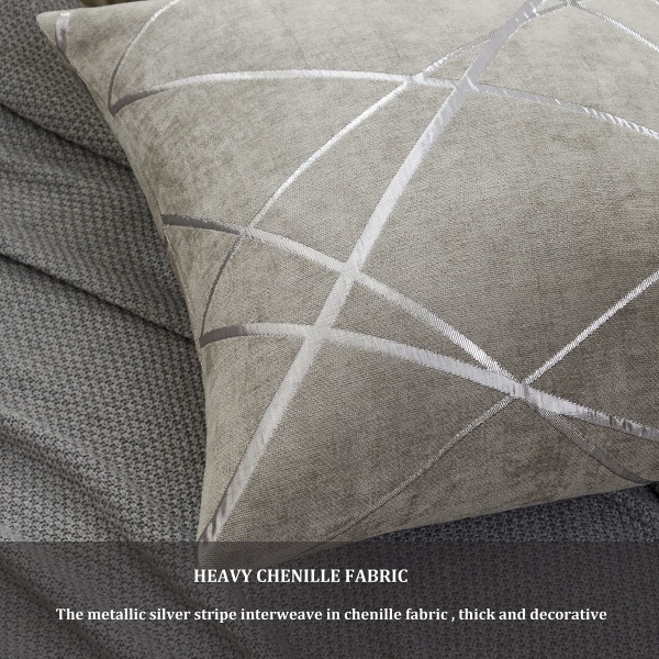 Koristeelliset tyynynpäälliset, Chenille-sohvan tyynynpäälliset paksuilla hopearaidoilla, ylellisiä neliön muotoisia tyynyjä grey