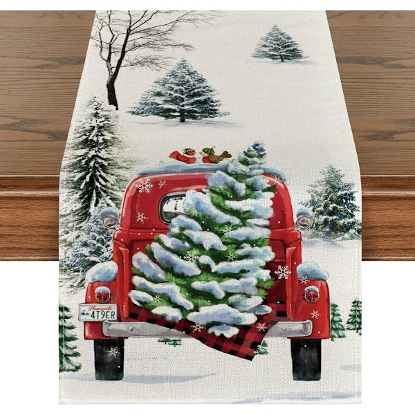 Waterclor Snow Tree Truck Christmas Table Runner, Seasonal Winter Xmas Holiday Kitchen Dining Table Decoration,Table Runner