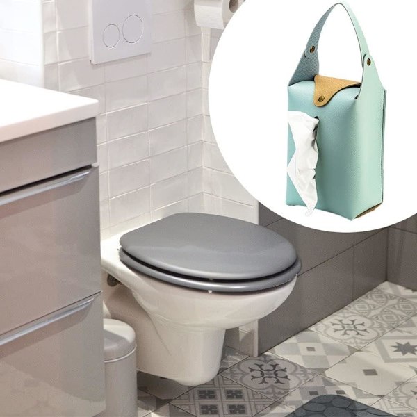 Hængende Tissue Box Pu Læder Bil Tissue Holder Bærbar Serviet Box Cover med Snap til Bil Badeværelse Køkken(Søgrøn) Blue