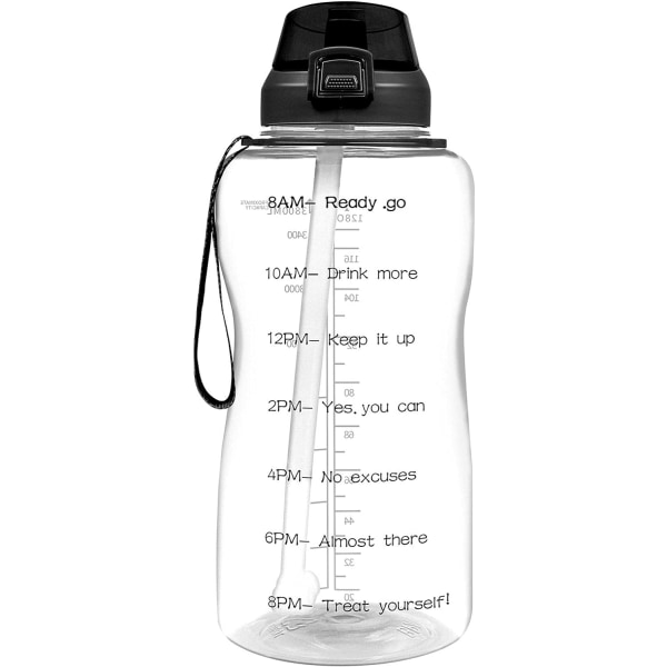 2L Vattenflaska Med Sugrör & Läckagesäker Flipplock, 2000ml Vattenflaska BPA-Fri Med Tidsmarkör Transparent