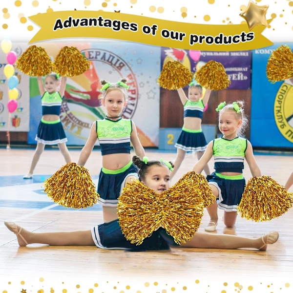 Cheerleading Pom Poms 4-pak Cheerleader Squad Spirited Fun Pompoms Pom Poms Cheer Poms Håndblomster Metallic Folie Pompoms, Guld