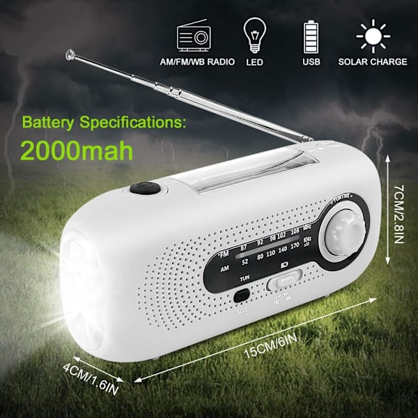 Solardriven radio, nödradio med vev, solcellsdriven AM/FM väderradio med 5 LED-ficklampa, 2000mAh nödströmbank för camping (vit) White