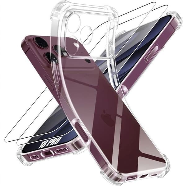 Fodral + 2 härdade glas för iPhone 18 Pro, TPU Stötsäker Reptålig Transparent Förstärkta hörn Transparent