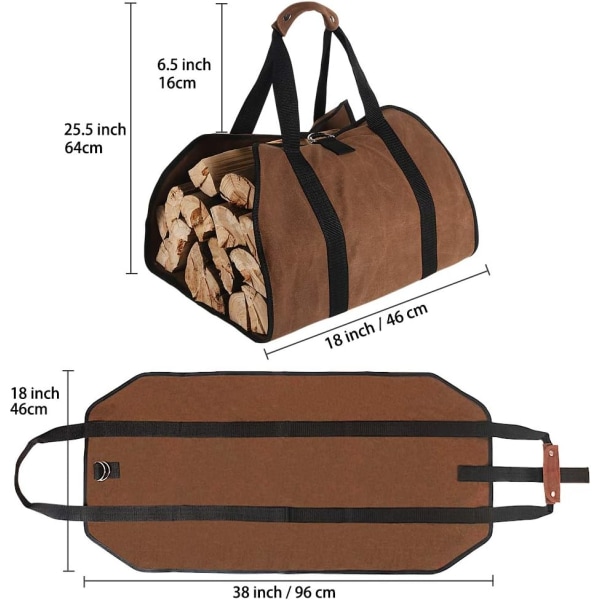 Stor Lærred Brændebærerpose 96cm x 46cm Heavy Duty Voks Pejs Brændepose til Brændeovne, Indendørs og Camping (Brun)