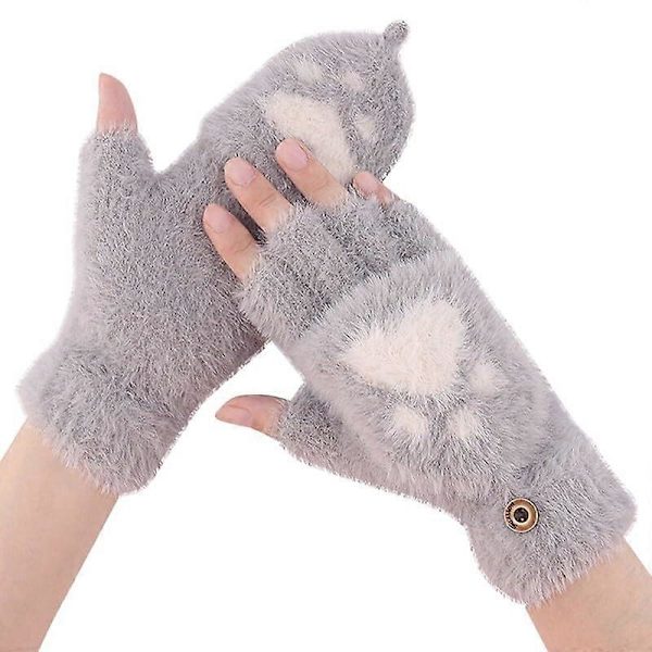 Halvfingerdatorhandskar Enfärgad Stickad Dam Fingerlösa Vantar - Grå #4