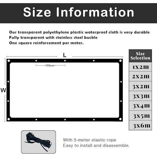Läpinäkyvä vedenpitävä pressu silmukoilla, läpinäkyvä vedenpitävä pressu, valmistettu säänkestävästä polyeteenistä (2x2m) 2x2m
