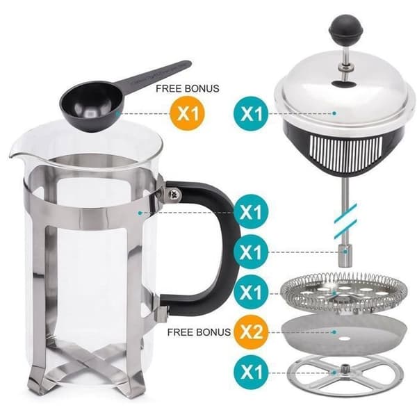 NetBoat Stempelkande med 2 Genanvendelige Kaffefiltre i Rustfrit Stål, 1 Liter (1000 ml)