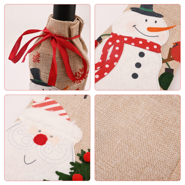 4 stykker julevinflaskedekselposer Julenissen Snømannmønster Flaskeinnpakning Xmas Rødvinsgaveposer til hjemmemiddagsbord Jutegodterigavepose