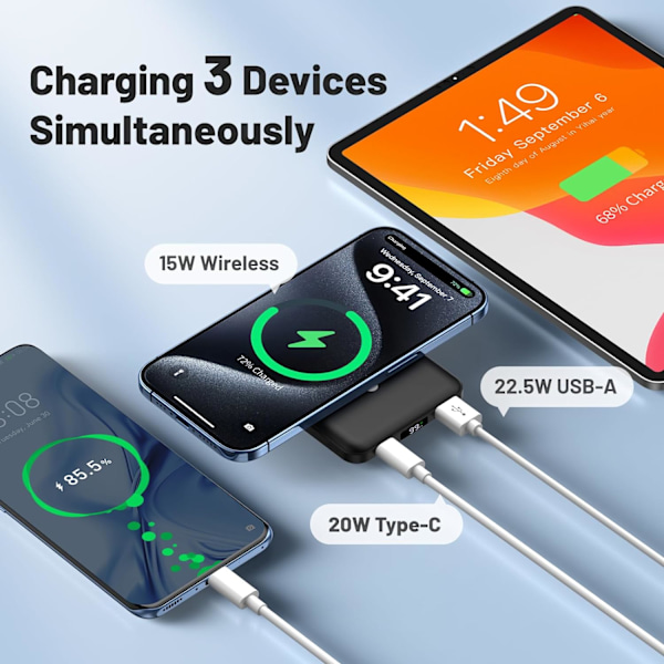 Powerbank 8000mAh, Magnetisk Eksternt Batteri, Trådløs Bærbar Oplader Hurtig Opladning PD 22.5W LED Display USB-C Powerbank til iPhone 15/14/13/12/Pro