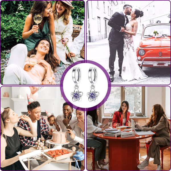 Hoop-örhängen, örhängen i sterlingsilver med stift, allergivänliga små hoop-örhängen med blommor för kvinnor, presentask Purple