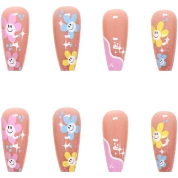 24 st Flower Fake Nails Långa, Rosa Fransk Press på Naglar Mönster, Söta Medium Ballerina Stick på Naglar för Kvinnor, Akryl Kista Falska Naglar