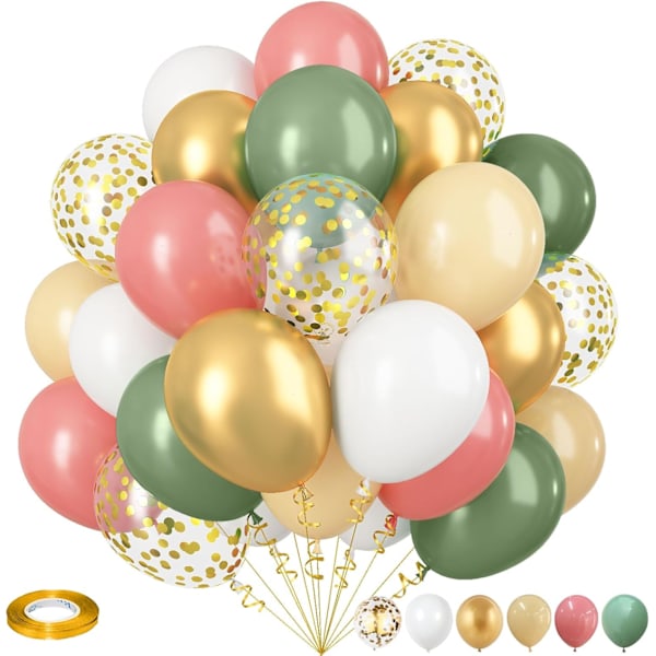 Retro Grønne Rosa Balloner, 35 stk Salviegrøn Støvrosa Metallic Guld Latex Balloner Sæt
