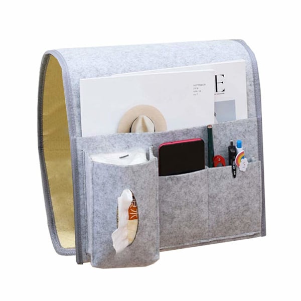Sengebordspose, opbevaringspose til seng, hængende pose til sofa, arrangør til sengebord, telefon, fjernbetjening, dagbog, pen, magasin, briller (grå) grey