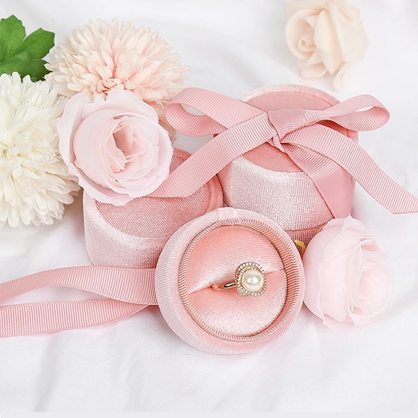 2 st rosa sammetsringask med rosett, smyckeskrin, örhängeask, present, retro rund smyckeskrin, presentask, liten Alla hjärtans dag födelsedagspresent (2 st rosa)