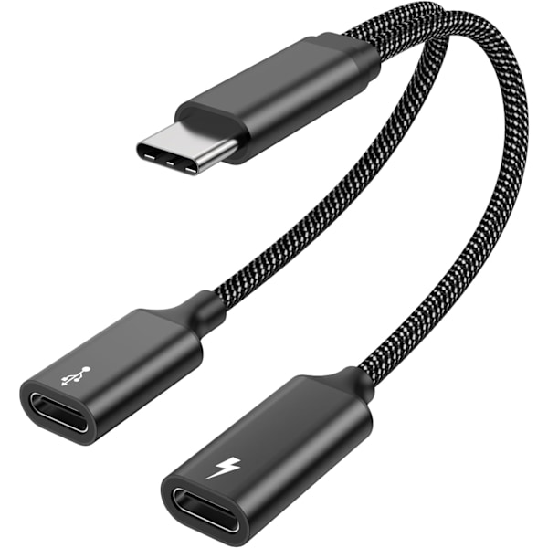 60W USB C Splitterkabel, Hurtiglading Type C Splitterkabel med Dataoverføring, 2 i 1 USB C Splitteradapter for iPhone 15, Macbook, Xbox, Laptop black