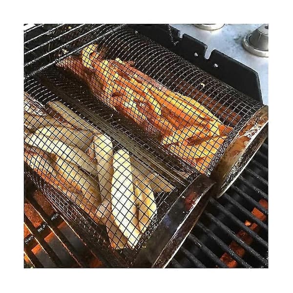 stk. Rullende Grillkurv - Bedste Grillkurv Nogensinde, Rund Grillnet i Rustfrit Stål, Camping G
