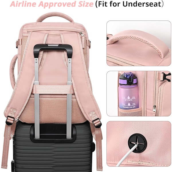 Resväska, Peraonal Item Carry on Backpack Kvinnor Flygbolag Godkända Handbagage, Vattentät College Ryggsäck, Business Work Vandring Casual Väska,Rosa