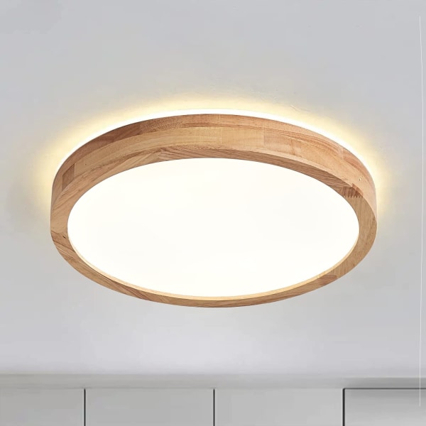 Træ LED loftslampe | Top 360° glød træ loftslampe | Varm hvid 3000K 18W | Runde loftslamper i træ Ø30 cm | Stue, stue, køkken