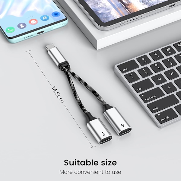 60W USB C Splitterkabel, Snabbladdande Typ C Splitterkabel med Dataöverföring, 2 i 1 USB C Splitteradapter för iPhone 15, Macbook, Xbox, Laptop silver