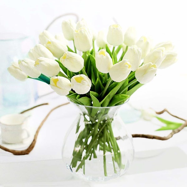10 st PU Real Touch Latex Konstgjorda Tulpaner Falska Tulpaner Blommor Buketter Blomsterarrangemang för Hemrum Bröllopsbukett Fest Dekor Vit white