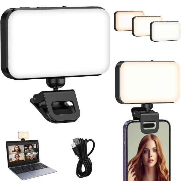 Videokonferanselys, videolys med klips 3 lysmoduser, 1000mAh roterende selfielys for mobiltelefon/bærbar PC/monitor Black