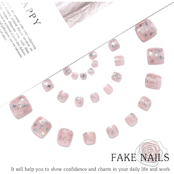 Falske Negle Pink Glitter Falske Tånegle Farvede Sommerfugl Press-on Tånegle Bling Glimtende Akryl Stick-on Fodnegle til Kvinder og Piger