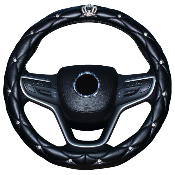 Rattskydd med Bling Diamond, Universal Läder Anti-Slip Bilstryrskydd Glittrande Krona Biltillbehör för Kvinnor Damer  (Svart) Black
