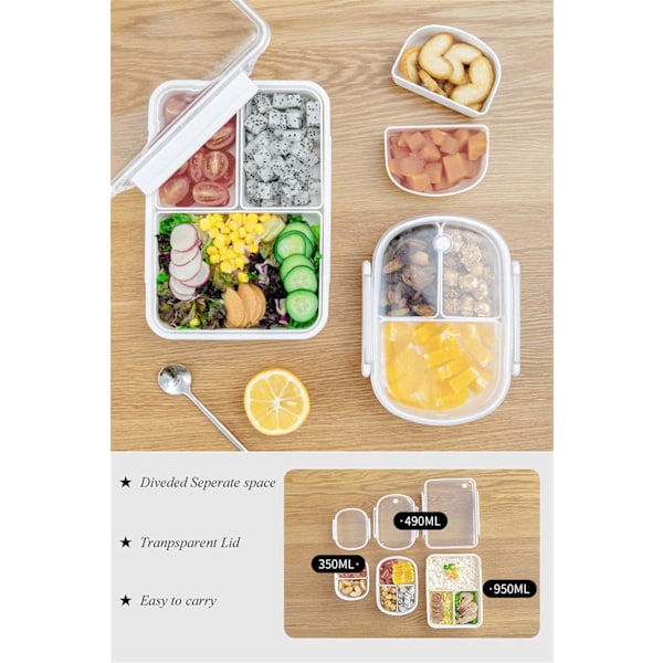 Divided Lunch Box, 2 roms matpakkebeholdere for barn og voksne, matbeholdere for skolearbeid Reise-350ml