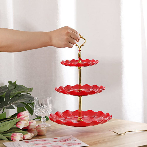 Plastik Cupcake Stativholder - 3 Etagers Dessert Stativ Tårn - Etagers Serveringsbakke til Bryllup Baby Shower Te Selskab Fødselsdag - Rød