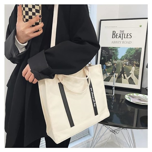 Kangaskassi naisille, rento kangaskassi vetoketjulla ja taskuilla, crossbody-laukku, valkoinen White