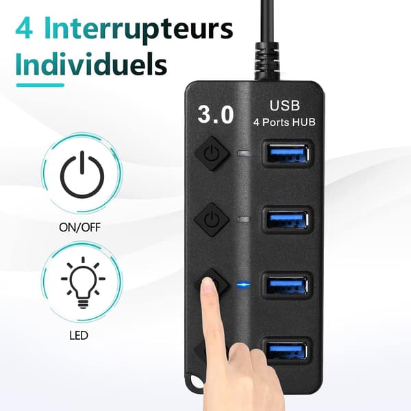 USB-hub 3.0, 4-i-1 USB-strømskinne med LED-lys, flere USB-porter for dataoverføring og lading