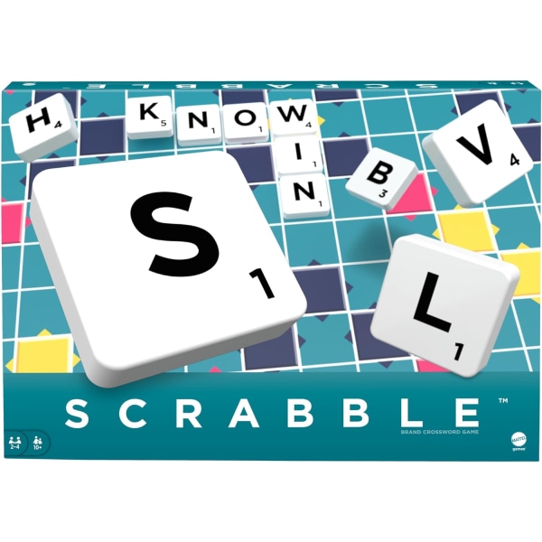 Klassisk Scrabble, Kryssordbrettspill, engelsk versjon, Familiebrettspill for voksne og barn, Ordspill for 2 til 4 spillere, 10 år og oppover