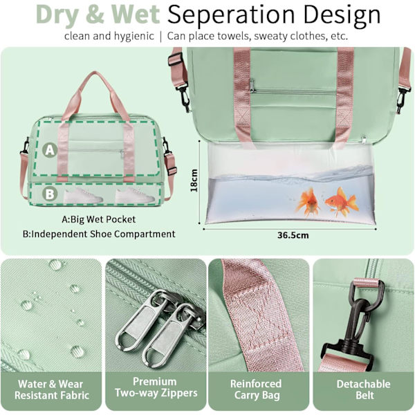 Foldbar Weekendbag, Over natten sykehusbag med sko-rom og våt lomme, Vannresistent treningsbag for reise, Holdall for kvinner og menn