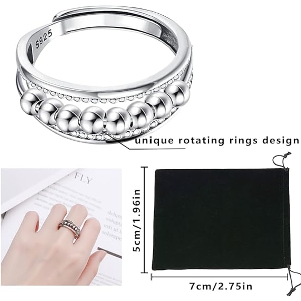 Ångestdämpande ring, silverfärgad ring med snurrande pärlor, justerbar ring, silverpläterad stressavlastande present för ångestlindring, retro, massivt smycke