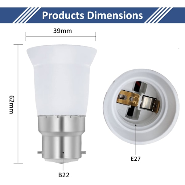 2-pack B22 till E27 Sockelomvandlare, Bajonett till Skruv Edison Glödlampa Adapter, BC till ES Lampbas Adapter, Max Effekt 60W, Spänning 0-250V
