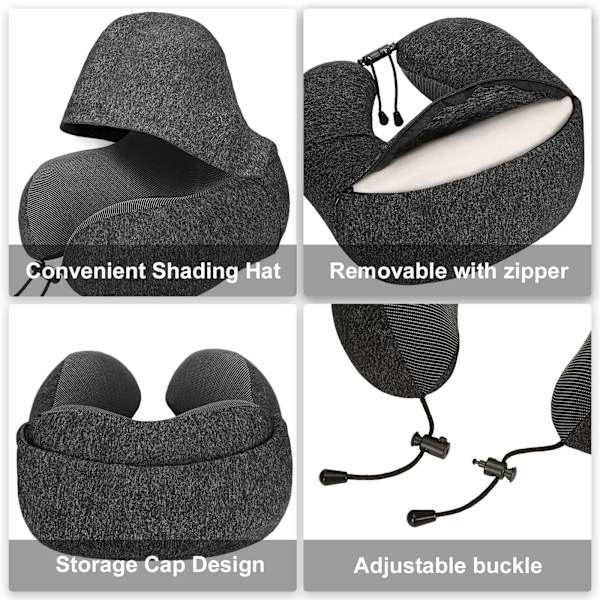 Nakkepute Memory Foam, Reisepute med hette, Komfortabel nakkepute med hette for fly, bil, tog, kontor, nakkepute Reise for soving Dark Gray