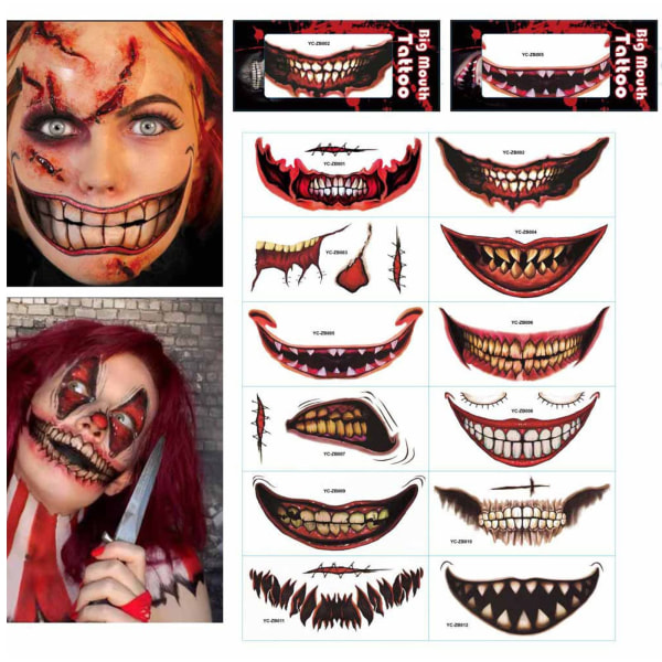 12 kpl Halloween kepponen meikki väliaikaiset tatuoinnit, halloween cosplay väliaikainen tatuointi Halloween klovni kauhu suutatuointi hymyilevä huuli väärennös tatuoinnit