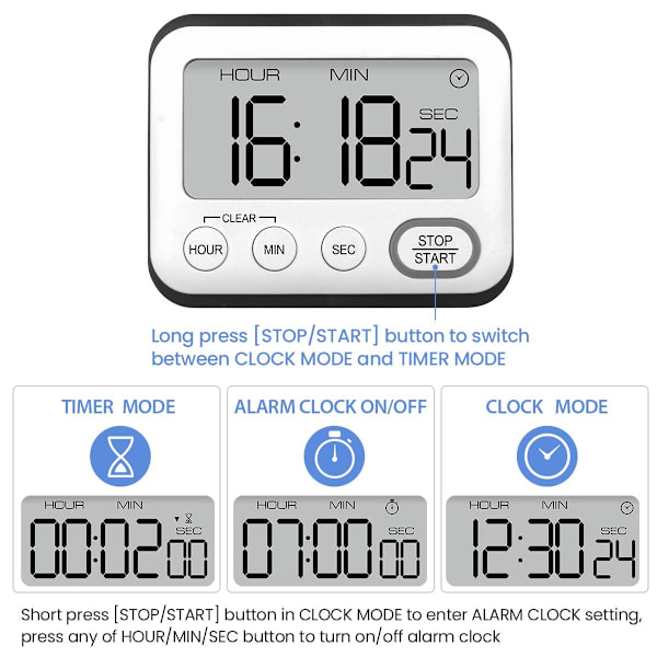 Kök Timer Alarmklocka Multifunktionell Digital Matlagningstimer med Stor LCD-skärm Magnetisk Stoppur Timer med Klocka, Alarmklocka, Magnet Svart