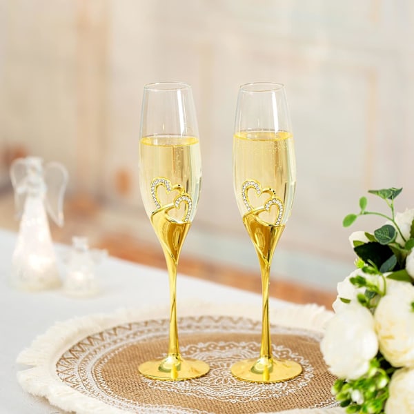 Bryllupschampagneglasssett Sølv Toasting Fløyteglass Pakke med 2 med Rhinestone Rimmed Hearts Dekorasjon， Gull