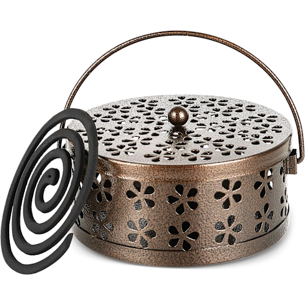 Retro Portable Iron Mosquito Coil Holder with Handle Round Fireproof Incense Holder (Bronze)