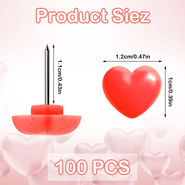100 stk. trykknapper, søte dekorative tegnestifter hjerteformede trykknapper for hjem, skole, kontor, oppslagstavle, korktavle (rød)