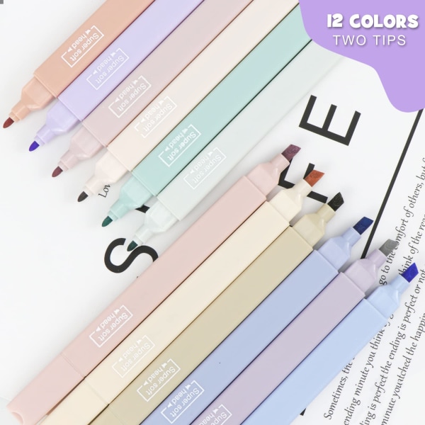 12 farver highlighter pastel highlighter pen dobbelt hoved, farverige highlighter penne æstetiske, tekstmarkører skoleartikler markør pastel